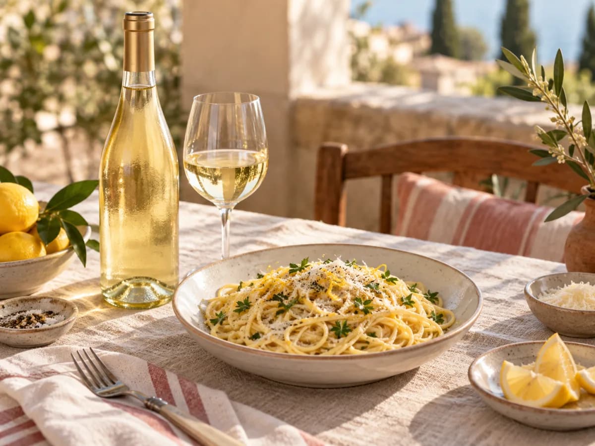 Lemon pasta and white wine set on a table for two