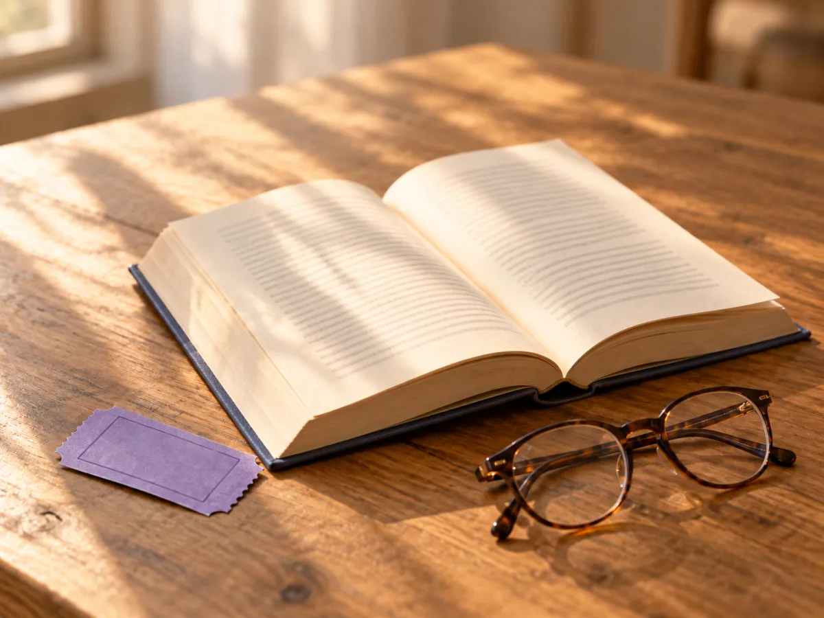 An open novel and reading glasses on a sunlit wooden table