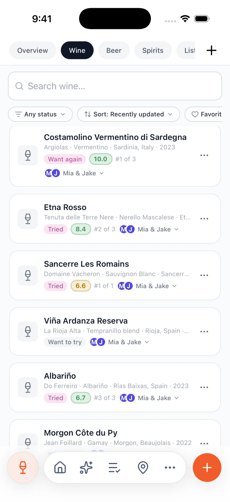 Saved wines in Nexly with tasting status, personal scores, and rank