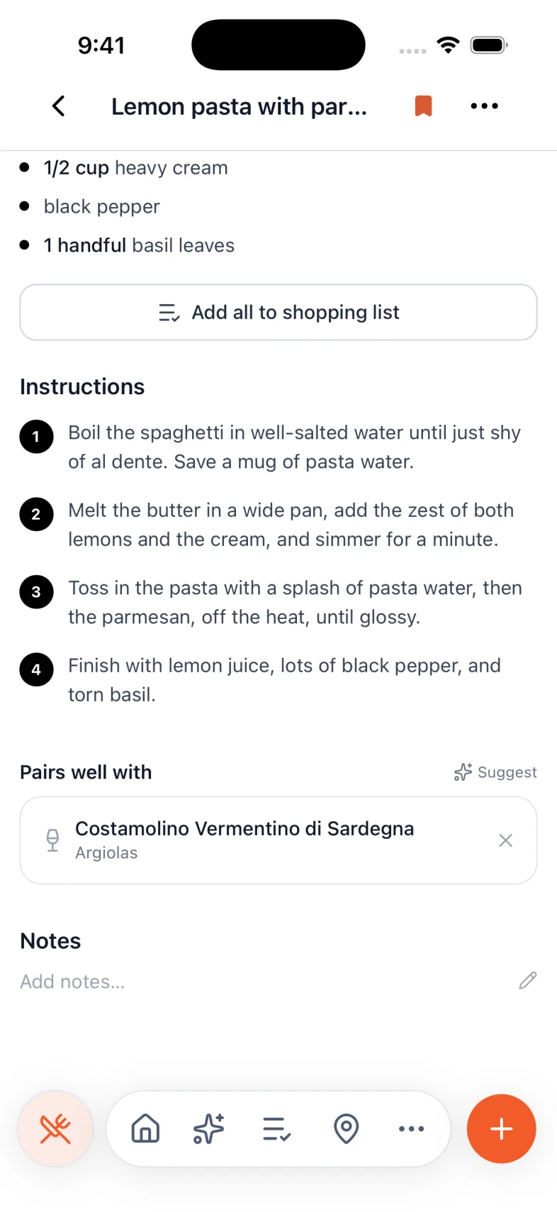 A wine in Nexly paired with a saved recipe, lemon pasta