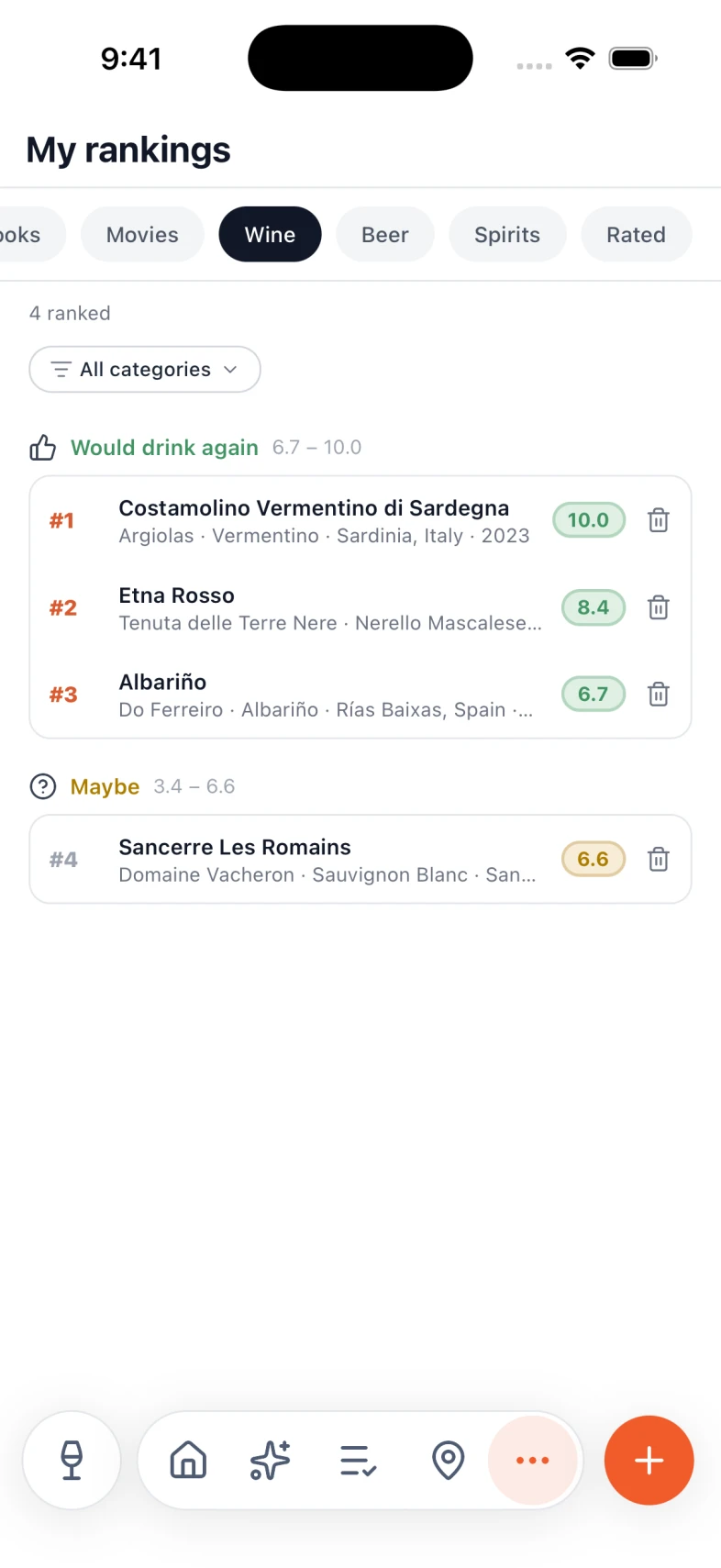 A personal wine ranking in Nexly, ordered by preference
