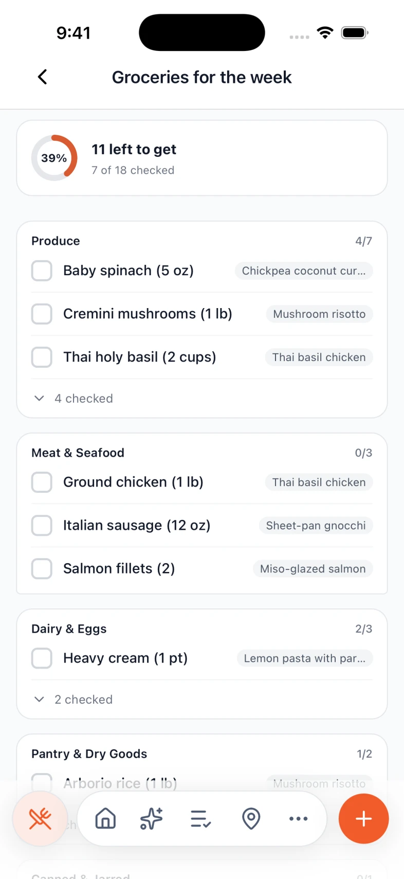 A grocery list built from the week's meal plan, grouped by category, 7 of 18 items checked