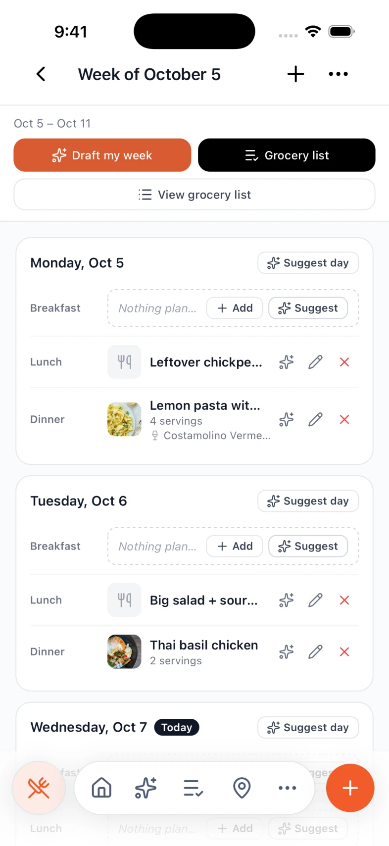 This week's meal plan in Nexly, with dinners planned day by day