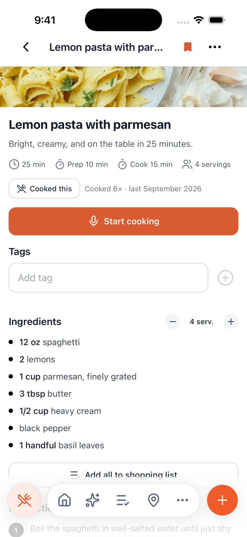 A recipe in Nexly with servings, cook history, and a Start cooking button