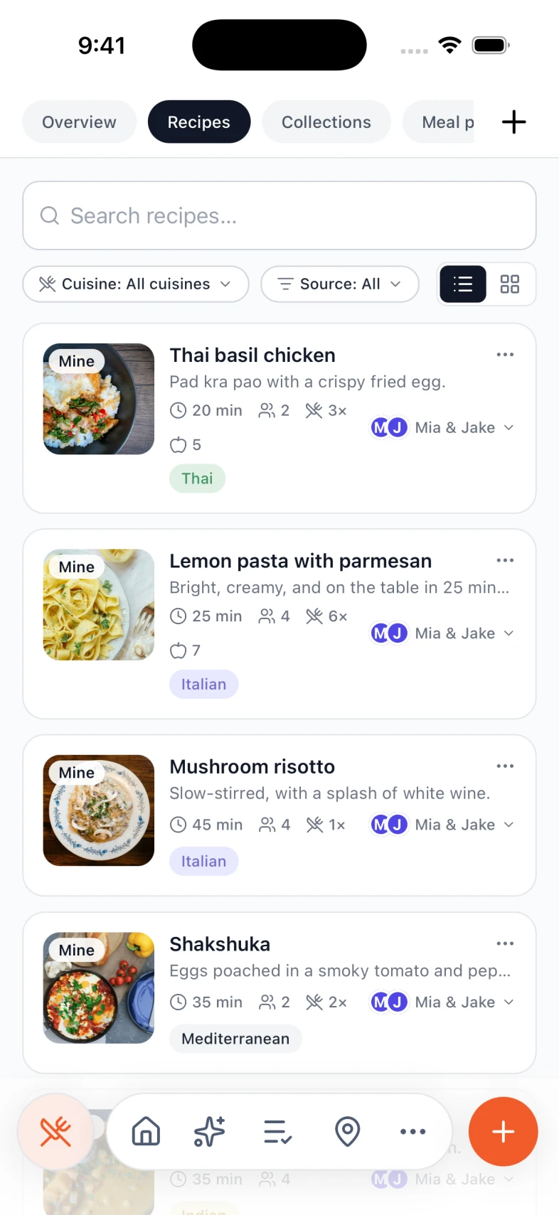 A saved recipe collection in Nexly, with cook times, servings, and cuisine tags