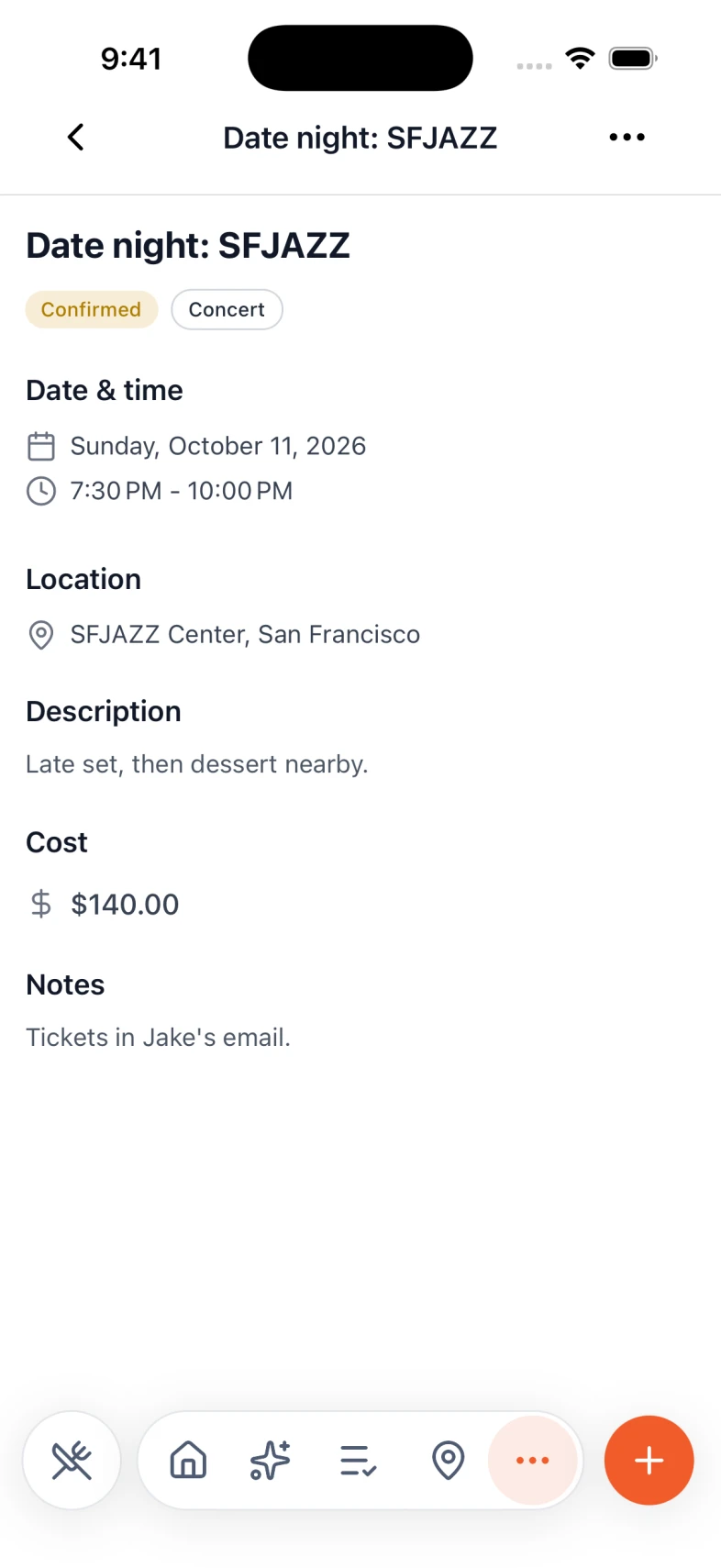 A confirmed date-night event in Nexly with time, place, cost, and notes