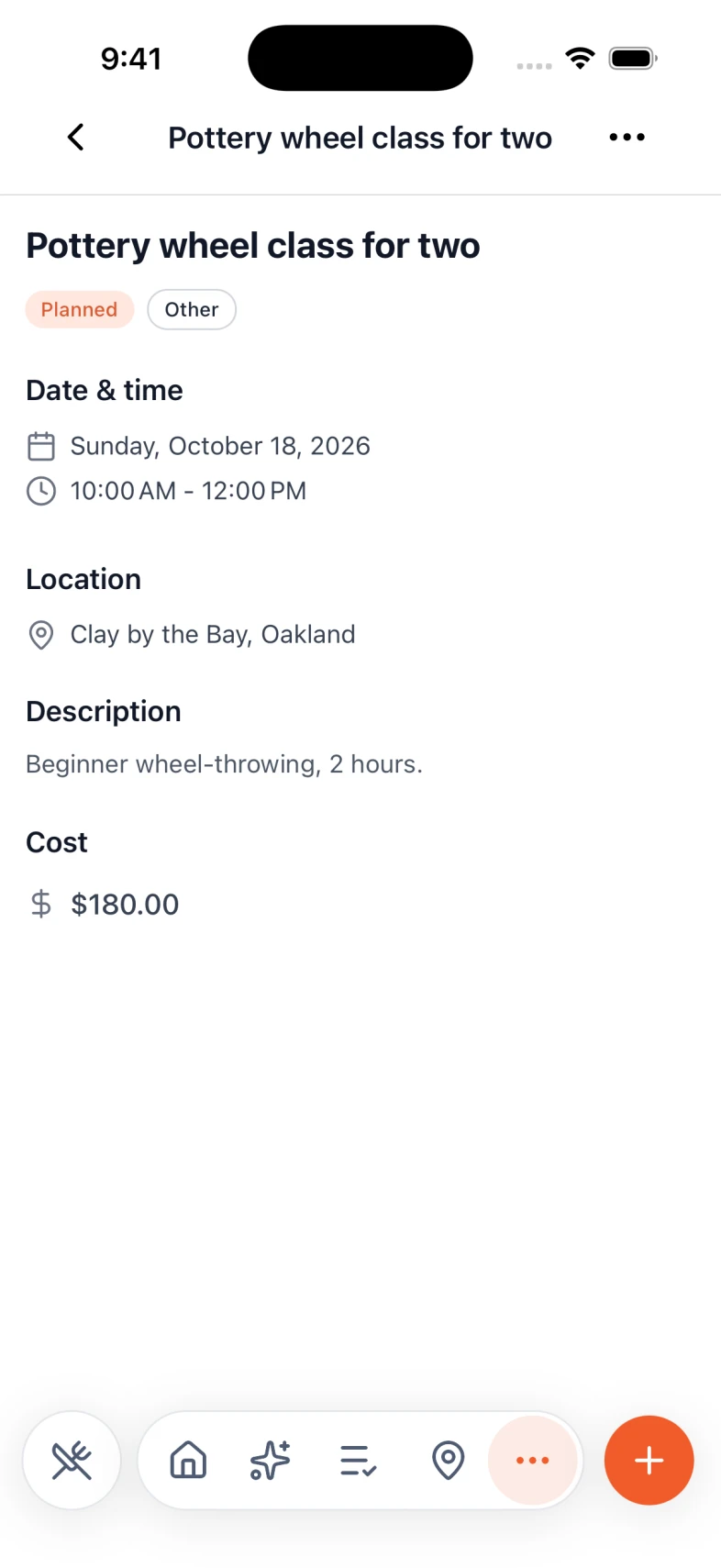 A planned pottery class in Nexly with date, location, and cost