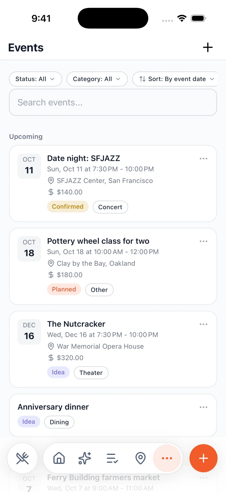 Upcoming plans in Nexly: a concert, a class, and a market, each with status