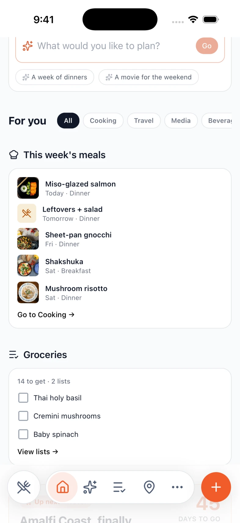 Nexly's home feed: this week's meals, the shared grocery list, and an upcoming trip in one place
