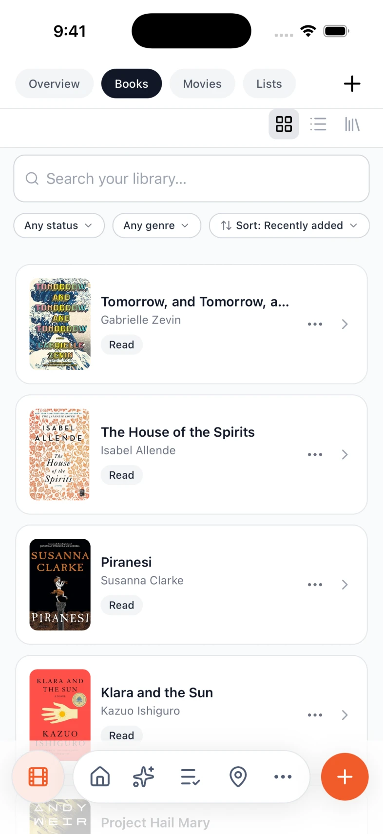 A books library in Nexly with covers, authors, and reading status