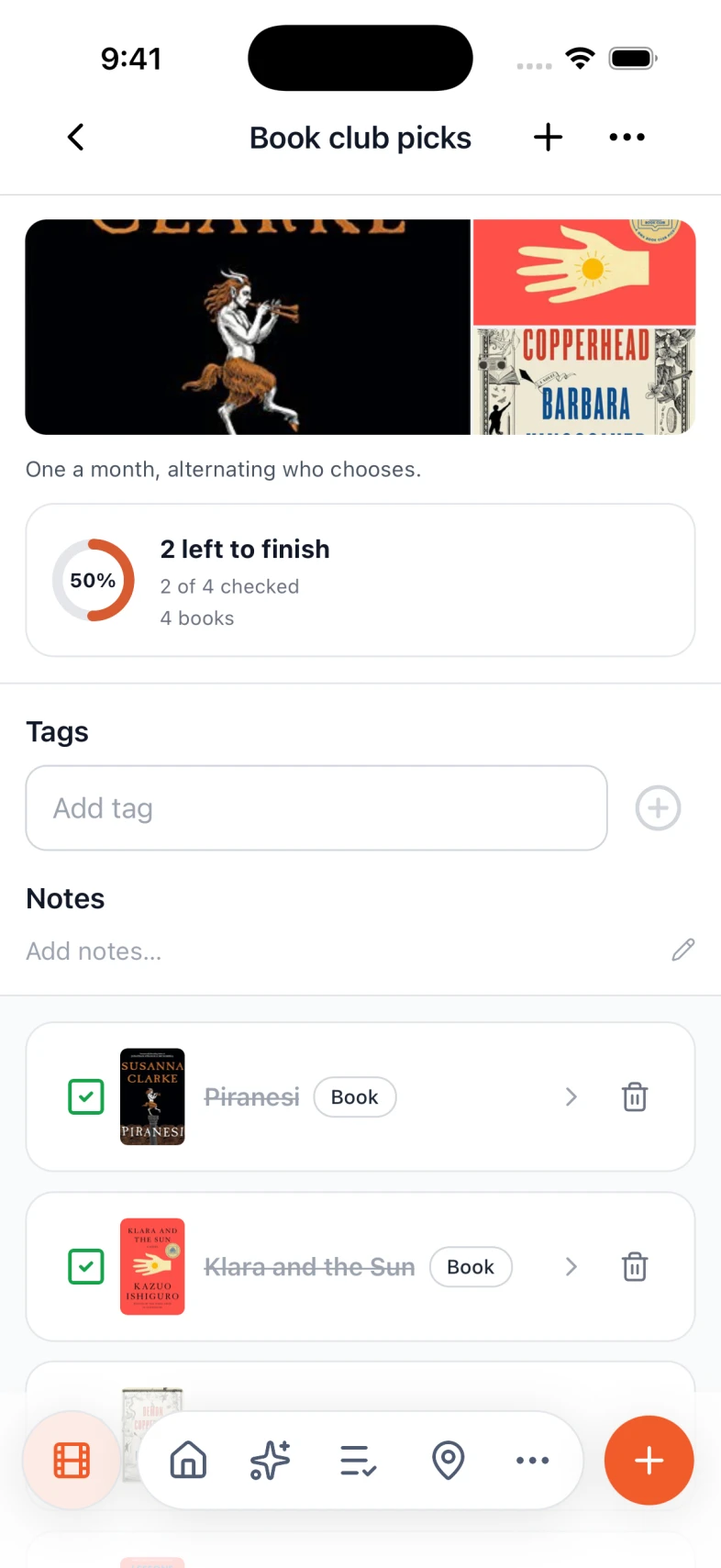 A book club list in Nexly with progress across picks