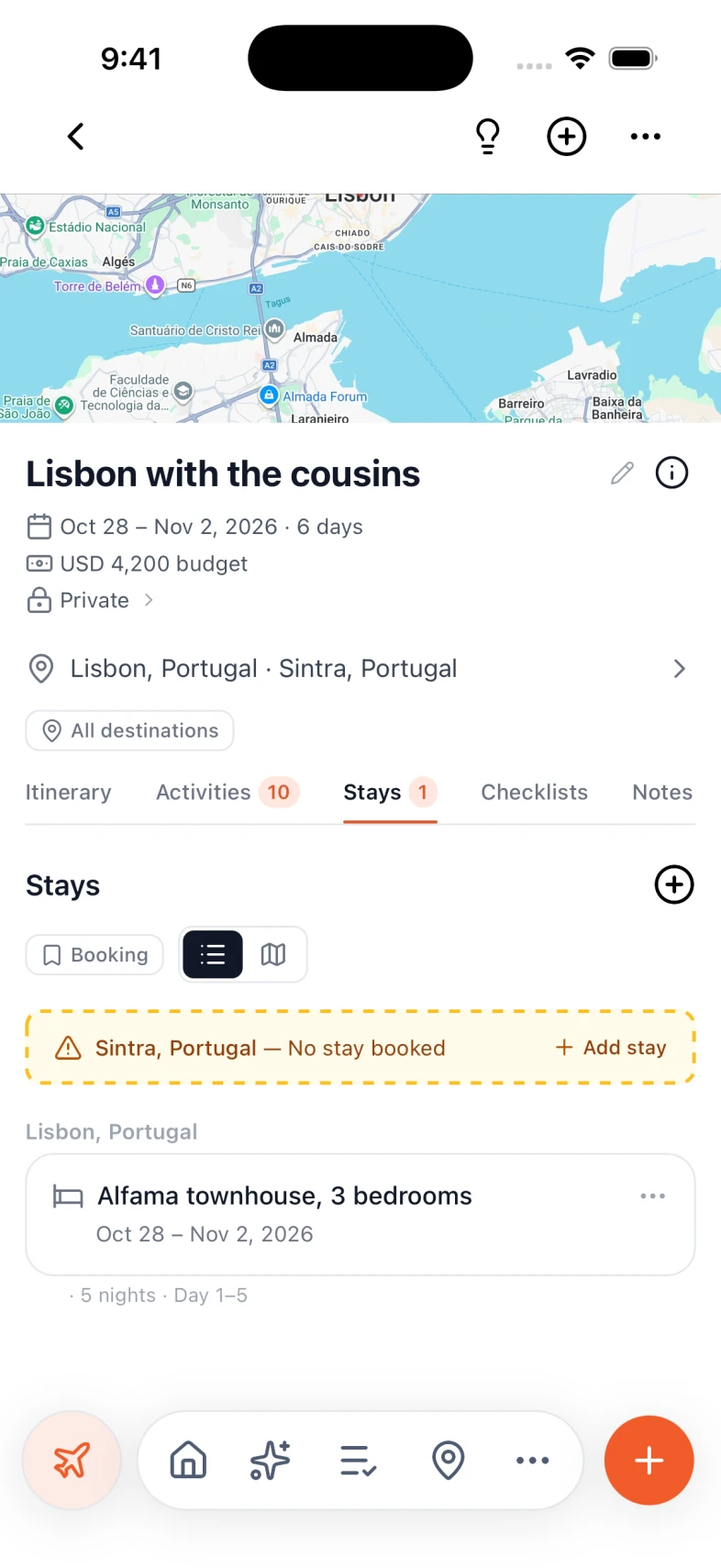 A trip's stays in Nexly: the Alfama townhouse booking with dates and cost