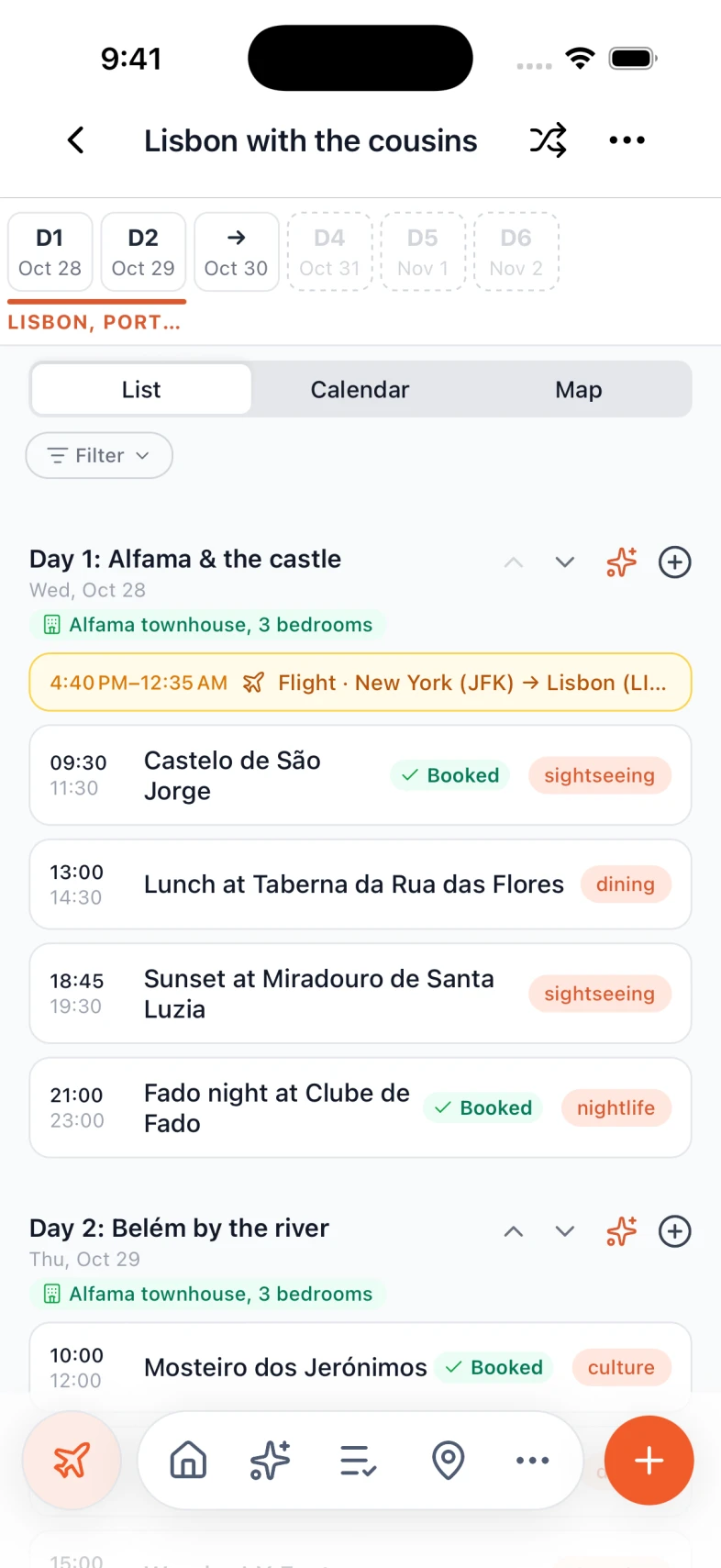 A day-by-day Lisbon itinerary in Nexly, with timed stops from the castle to a fado night