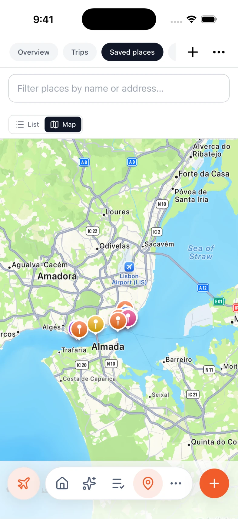 Saved places in Nexly: Lisbon restaurants and landmarks the group collected, with ratings and who saved them