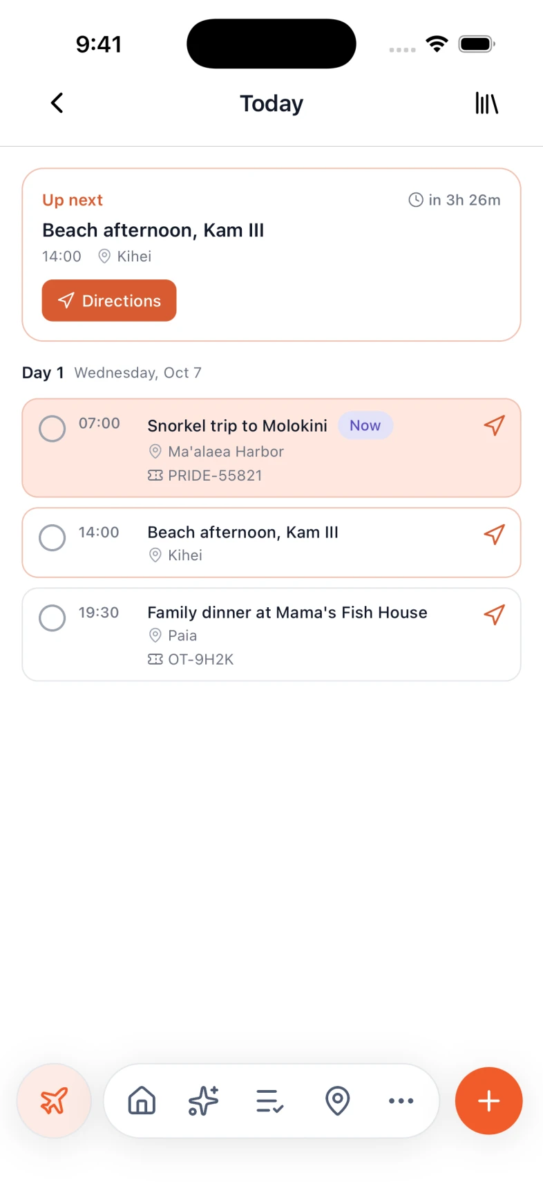 Nexly's Today view during a Maui trip: the next booked activity, with time, place, and booking reference